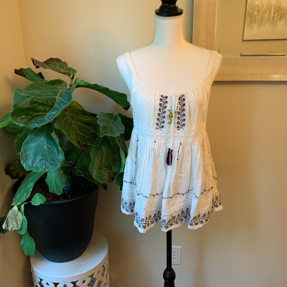 Free People Floral embroidered tassel Tank Top